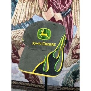 John Deere Strap Back Hat Green Flames Cap Adjustable